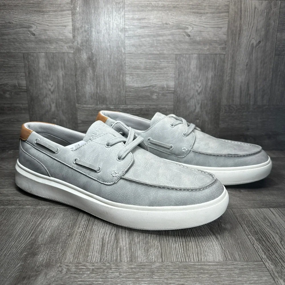 Nautica Boat Shoes Mens 13 Grey Faux Leather Nautical Casual Sneakers NEW